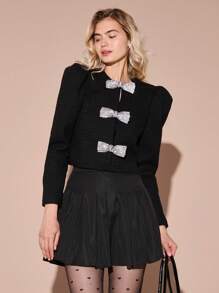 Enchnt Chaqueta de tweed de manga larga con lazo con strass brillantes negro, romántica para mujer, atuendo dulce y elegante para el Día de San Valentín, fiestas de Navidad, Año Nuevo, cumpleaños, vacaciones y citas románticas