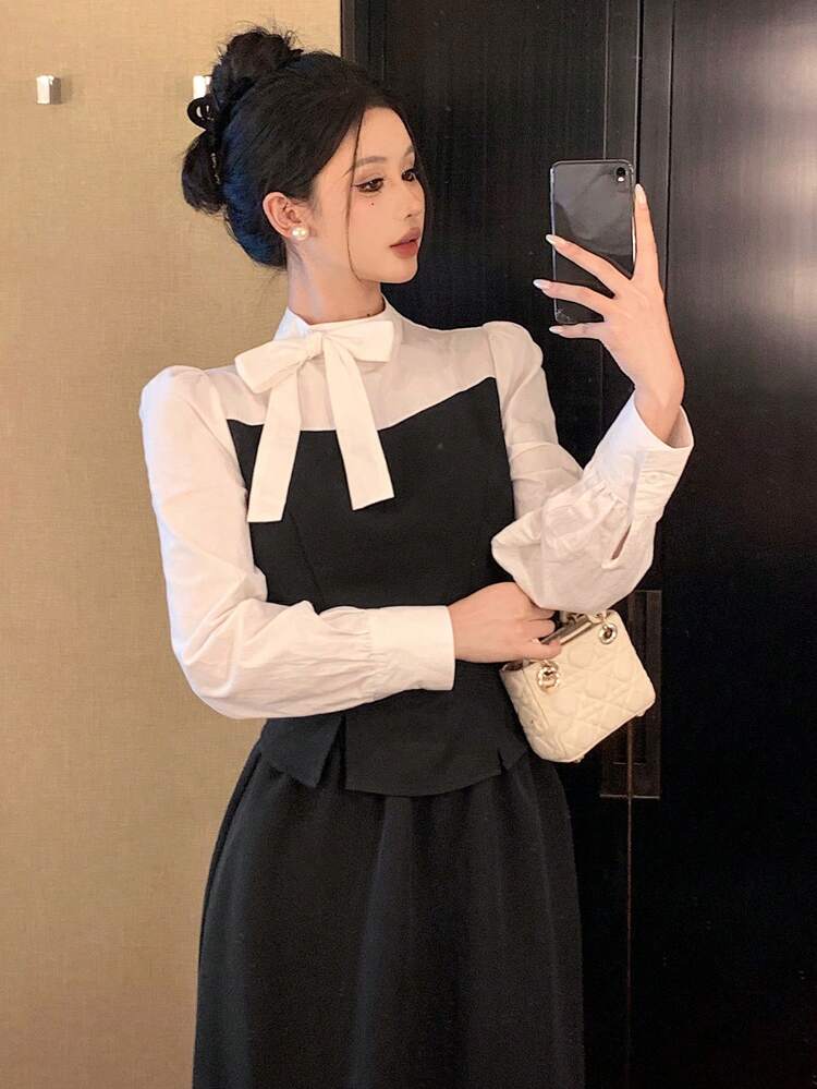 2pcs Women: Elegant Bow Mock Neck Puff Sleeve Blouse And A-Line Skirt Set, Suitable For Spring & Autumn ,New Year Eve,Fall Women Clothes