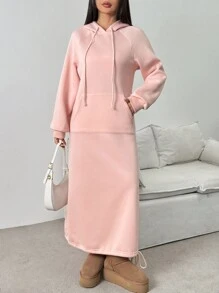 Chiquease Vestido tipo sudadera oversize con bolsillos, manga larga, diseño de abertura, forro esponjoso, estilo europeo casual, otoño/invierno