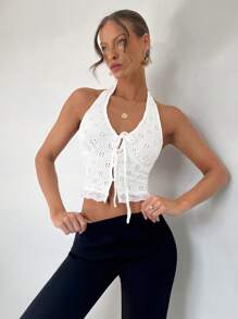 SHEIN Unity Top de tirantes de mujer con cuello halter, en tela texturizada de unicolor con inserto de encaje - Blanco - Ver 4