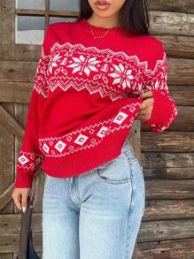 SHEIN EZwear Women's Casual Christmas Bow Accent Knit Pullover Sweater, College Style, Long Sleeve, Autumn/Winter