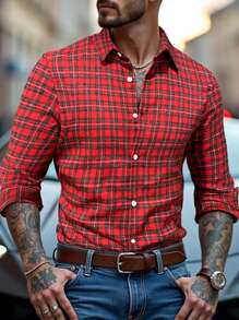 Manfinity Homme Áo sơ mi nam dài tay họa tiết kẻ sọc nhiều màu sắc thường ngày, mùa thu, áo sơ mi giáng sinh, áo sơ mi giáng sinh kẻ sọc đỏ, đi làm, chồng, kinh doanh - Đỏ - Xem 3