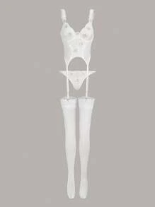 花卉蕾絲鋼圈吊帶襪內衣套裝帶絲襪 - 白色 - 查看 6