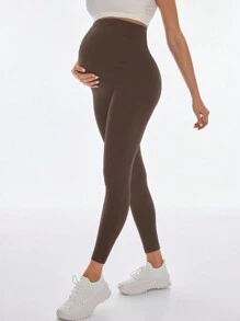 SHEIN 孕婦純色簡約修身九分褲，休閒日常穿著 - 咖啡棕 - 查看 3