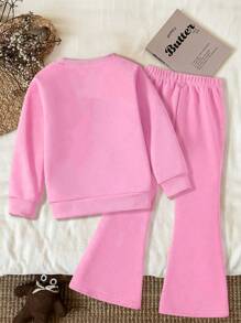 SHEIN Leap Crew Bộ hoa ép, Hoa dại Boho, Bộ cây, Bộ thực vật cổ điển, Bộ thiên nhiên hoa pastel, Quà tặng cho người yêu vườn, Bộ áo nỉ dày dặn họa tiết chữ A thường ngày cho bé gái, Bộ ấm áp dài tay cho bé gái, Thích hợp cho bé gái mặc vào mùa thu/đông - Hồng - Xem 2