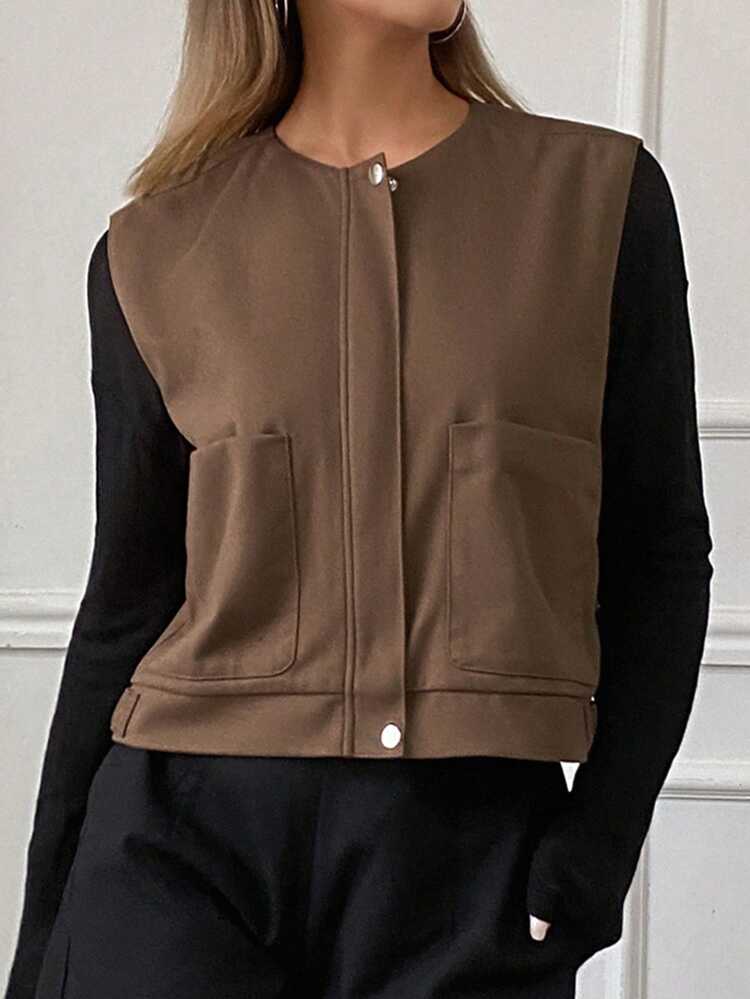 1pc Women Solid Fitted Sleeveless Round Neck Zip-Up Pocket Jacket,Fall Clothes Vest