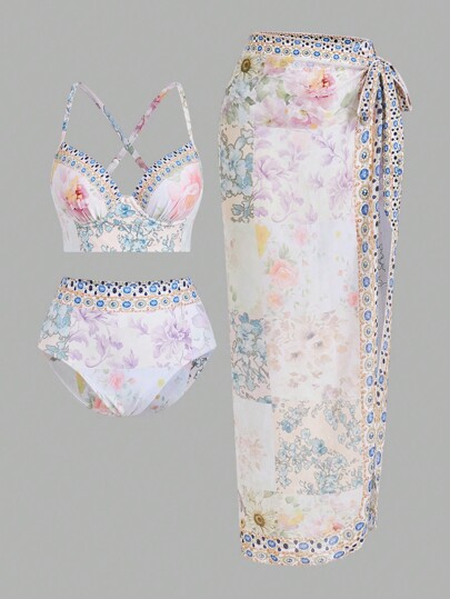 Swim Oasis Women Floral Print Sexy Bikini Set With Cover-Up Skirt Summer