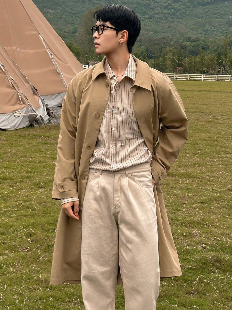 DAZY Men's Casual Plain Front Button Trench Coat For Spring/Autumn - Khaki - View 1