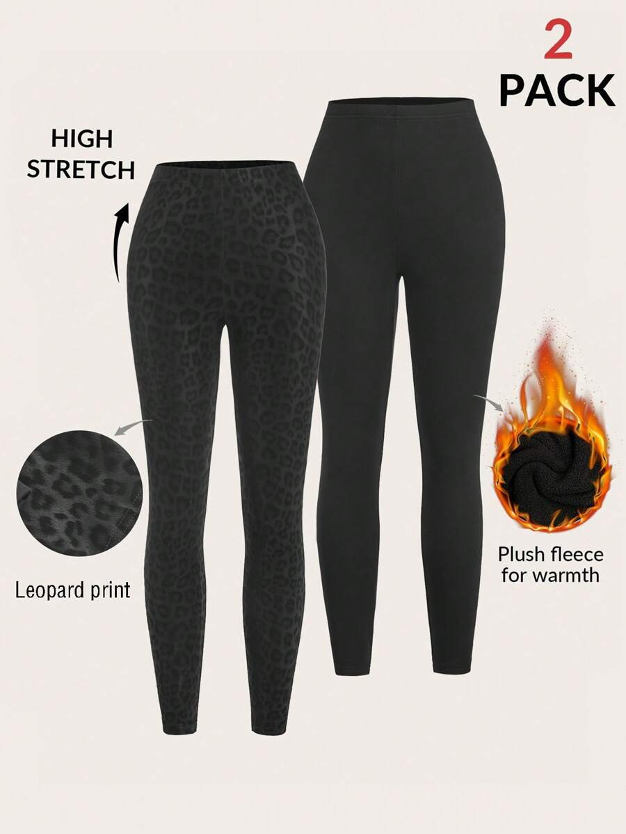 SHEIN EZwear 2pcs Set Novelty Leopard Pattern Knit Leggings And Sports , Autumn - Black - View 1