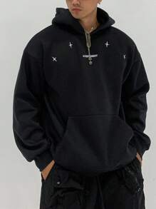 DAZY Men's Letter & Star Pattern Hoodie Sweatshirt, Autumn - Black - View 5