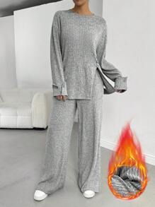 SHEIN Essnce 2pcs Women Autumn Casual Ribbed Knit Long Sleeve Split Hem Top And Pants Set,Casual Two Pieces Set,Women Outfit Sets,Fall Two Pieces Sets,