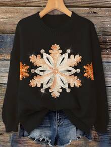 大码休闲花卉图案圆领针织毛衣，秋冬 - 米色 - 查看 1