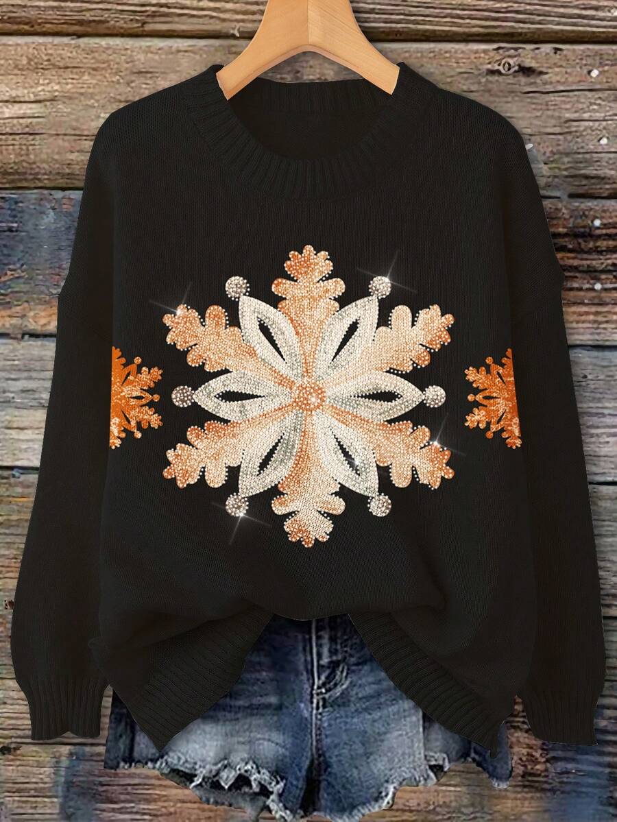 大码休闲花卉图案圆领针织毛衣，秋冬 - 米色 - 查看 1