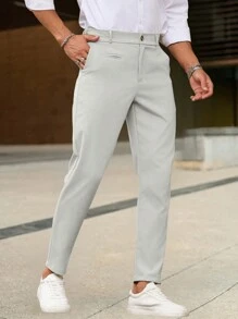 Manfinity Bizformal Quần ống đứng túi trơn màu cho nam đi làm, mùa thu - Xám - Xem 6