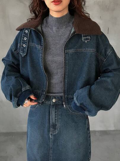 FRIFUL Women's Casual Colorblock Teddy Fleece Lapel Zip-Up Raglan Oversized Denim Jacket