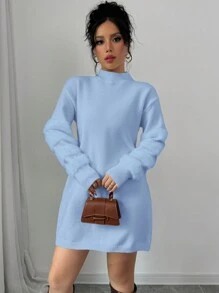 Selianne Women Solid Color Zip Up Long Sleeve Simple Short Casual Knit Dress Fall Winter Cloth For Women - Blue - View 4