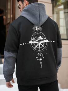 Manfinity Homme 大码男式纯色拼布印花休闲连帽衫 - 彩色 - 查看 6