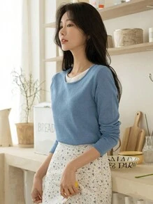 DAZY 女士优雅圆领撞色长袖针织毛衣，秋季服装 - 藍色 - 查看 2