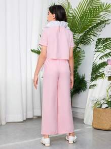 SHEIN 2pcs Tween Girls Casual Contrast Color Ruffle Collar Shirt & Ruffle Hem Pants Set