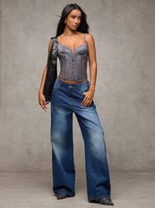 SHEIN BAE Damen graue sexy Spitzen-Korsage-Oberteil, Konzert-Outfits, Damen vielseitiges Spaghettiträger-Camisole mit hoher Spitze für die Straße, geeignet für Dates, Nachtausflüge, Rave-Partys, Geburtstagsfeiern, Party-Outfits, Ausgehen, Weihnachtsoutfits - Grau - Übersicht 4