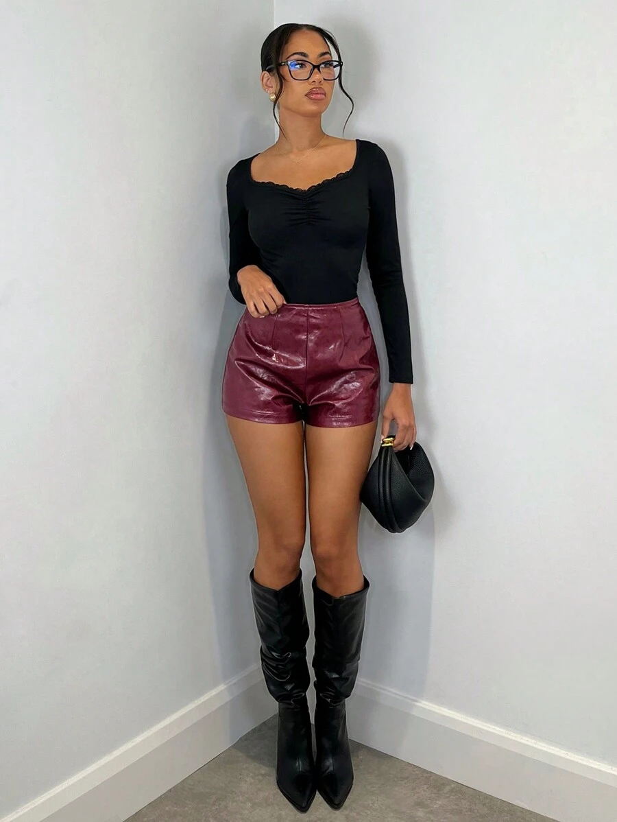SHEIN BAE Women's Burgundy Solid Color Fashion Street Style Versatile Clothing, Leather/PU Vintage Texture High-Waisted Mini Shorts Suitable For Party,Sexy Mermaid Office Wear