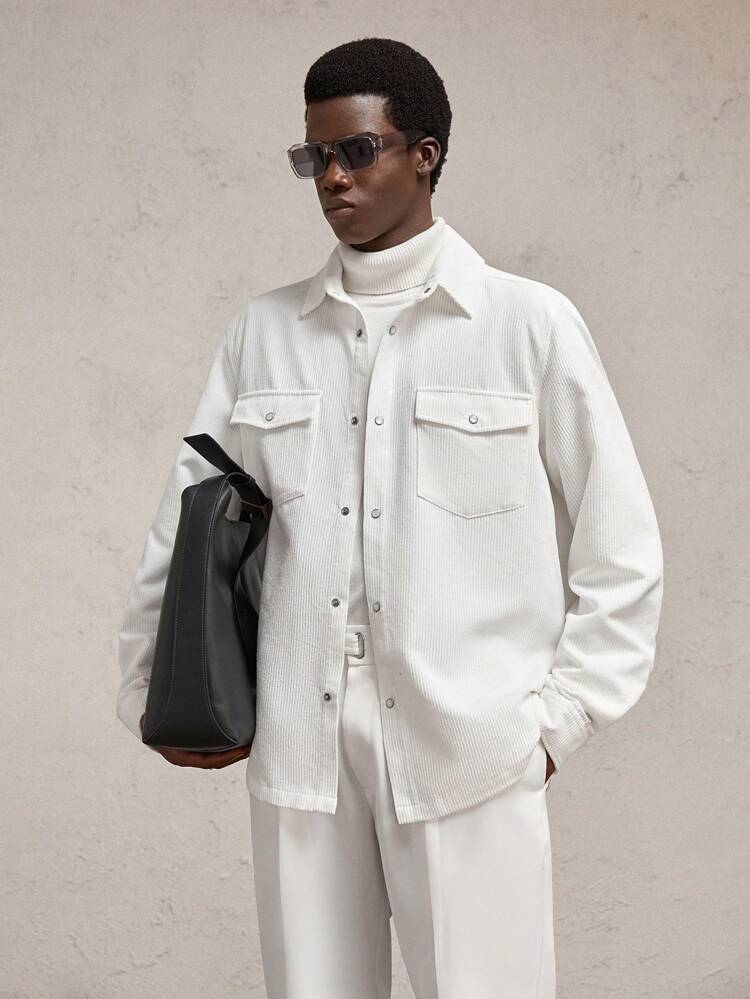 Men's Loose Fit Drop Shoulder Long Sleeve Turndown Collar Open Front Casual Shirt, Suitable For Autumn/Winter