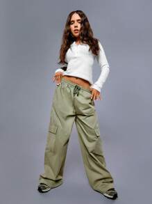 Athîral Women's Casual Solid Color Drawstring Low Waist Flap Pocket Loose Wide Leg Cargo Pants Warm Cold Weather Thermal Fall/Winter - Green - View 5