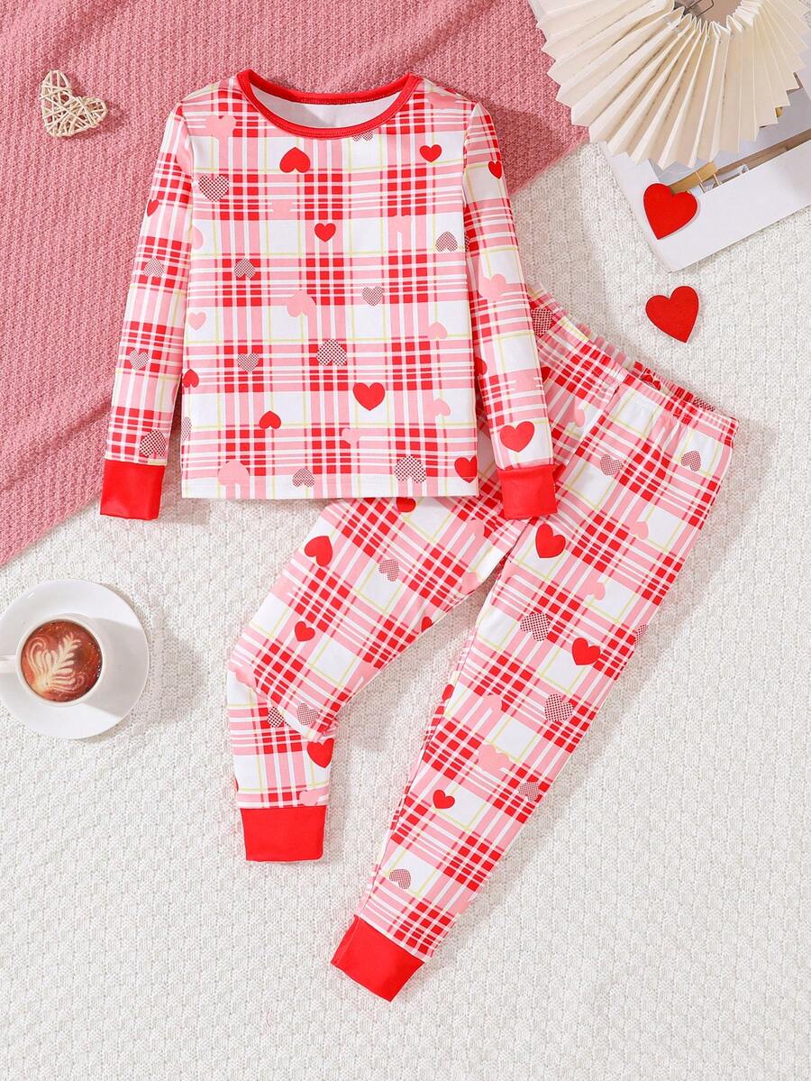 Bộ 2 món/Bộ đồ ngủ bó sát in họa tiết kẻ caro cho bé gái, Bộ quần dài tay cổ tròn thời trang, Quần áo ấm áp mặc ở nhà cho mùa thu đông, Giáng sinh - Đỏ - Xem 1