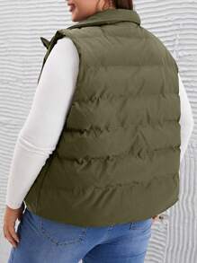 SHEIN LUNE Abrigo acolchado sin mangas de unicolor informal, para otoño/invierno, talla grande - Verde militar - Ver 2