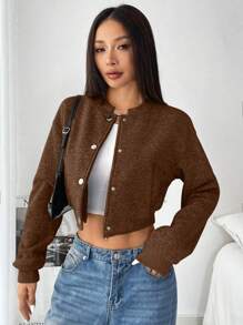 Chiquease Button Front Long Sleeve Crop Casual Jacket For Women, Minimalist American Style