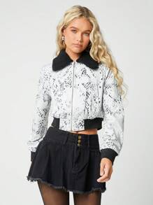 SHEIN EZwear Áo khoác thường ngày cổ lông họa tiết da báo màu tương phản cho nữ - Đen và trắng - Xem 1