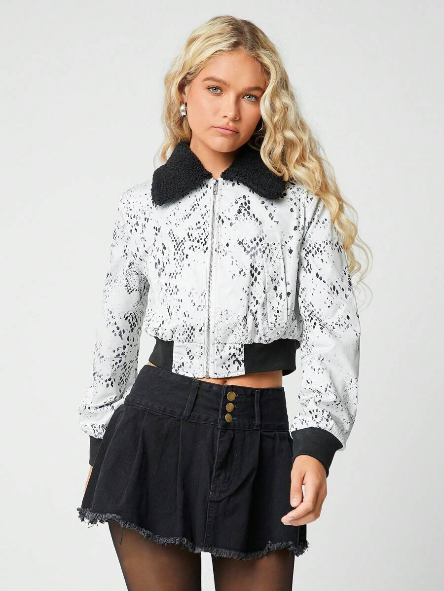 SHEIN EZwear Áo khoác thường ngày cổ lông họa tiết da báo màu tương phản cho nữ - Đen và trắng - Xem 1