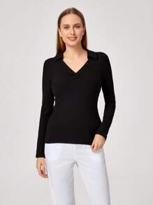 TaskEZ Solid Color Lapel Long Sleeve Nursing Scrub Uniform Top Scrub Top - Black - View 9