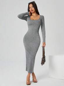 SHEIN PETITE 秋装纯色方领紧身黑色长袖连衣裙 - 深灰色 - 查看 6