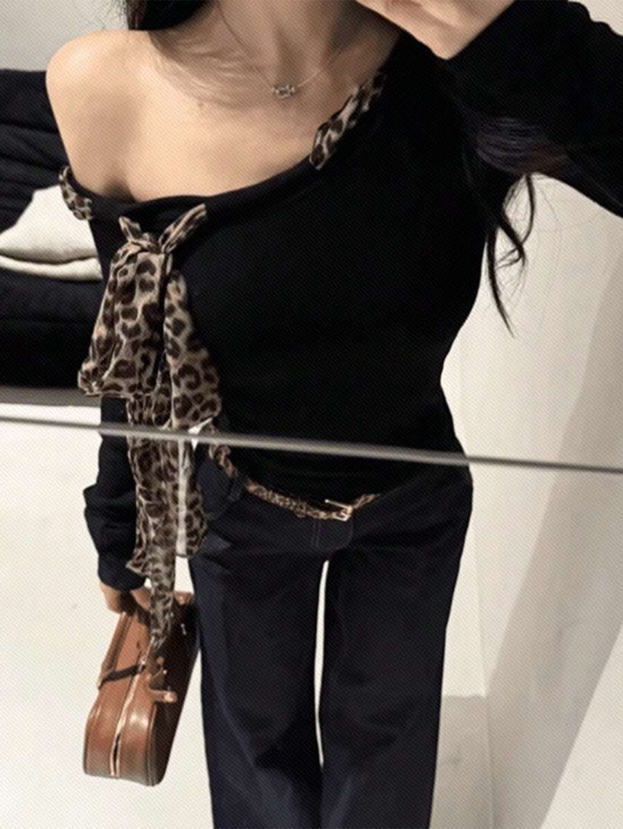 DAZY 女士秋季时尚豹纹系带前不对称肩部修身T恤长袖女上衣 - 黑色 - 查看 1