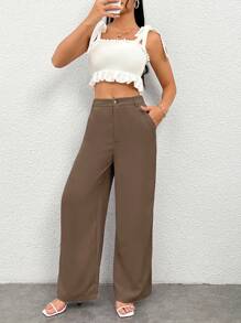 SHEIN PETITE Women Casual Solid Color Straight Leg Pants