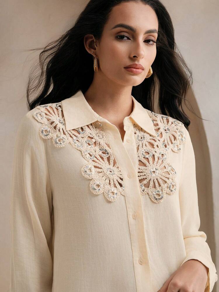 Autumn Apricot Lapel Long Sleeve Pearl Floral Lace Patchwork Hollow Out Elegant Blouse Women Shirt