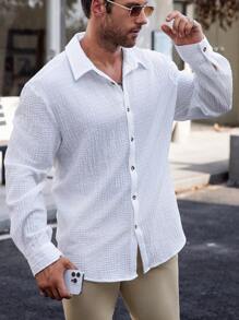 Manfinity Mode 大码男士休闲纯色长袖衬衫，适合秋季穿着 - 白色 - 查看 4