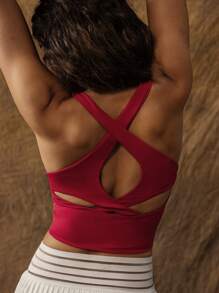 VARSITIE 圆领无袖撞色条纹紧身女式运动 T 恤和背心 - 紅色 - 查看 2