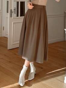 DAZY Casual Solid Color Pleated Mid-Length A-Line Skirt, Autumn