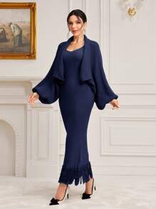Modelyn Conjunto de 2 piezas de vestido y cárdigan con dobladillo de flecos elegante para mujer, otoño