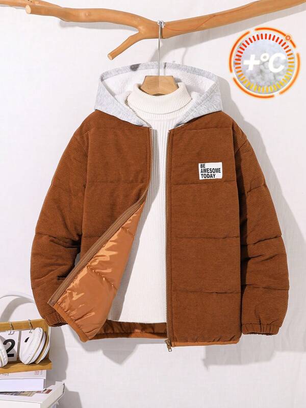 SHEIN Manteau à capuche chaud, épais et zippé en velours côtelé, style streetwear décontracté pour les garçons pré-adolescents, automne/hiver