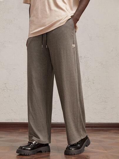 AKNOTIC Business Casual 男士针织长款修身格子中腰直筒休闲裤，适合秋季