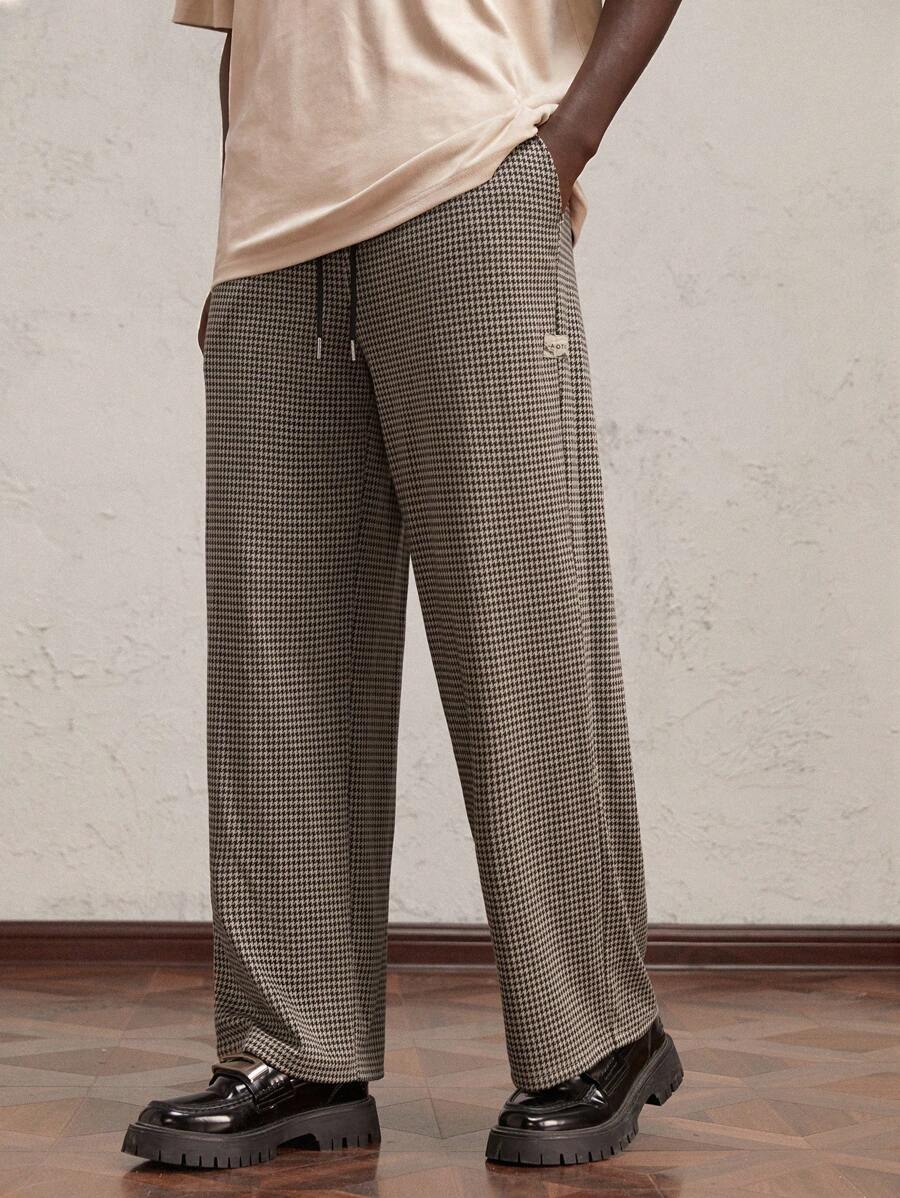 AKNOTIC Business Casual 男士针织长款修身格子中腰直筒休闲裤，适合秋季