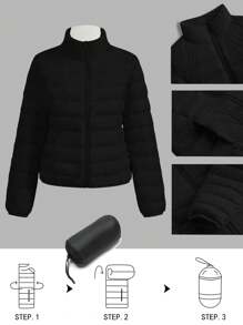 SHEIN LUNE Winter Coat,Women's Lightweight Quilted Puffer Black Jacket With Pockets, Zip Up Stand Collar