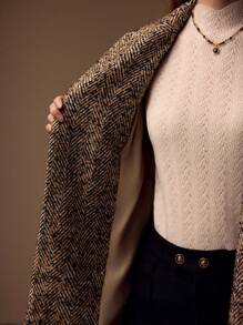 MOTF PREMIUM HERRINGBONE PANEL PEAK COLLAR BUCKLE BELTED LONGLINE OVERCOAT