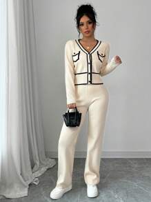 Selianne 2 件套女士套装，长袖 V 领开衫上衣和针织长裤，休闲秋季 - 杏色 - 查看 3