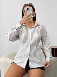 Flirla Camisa elegante y sencilla de talla grande con rayas, cuello de solapa y mangas largas