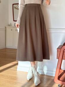DAZY Casual Solid Color Pleated Mid-Length A-Line Skirt, Autumn