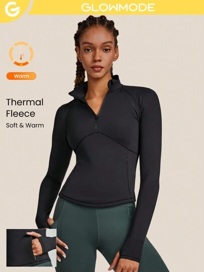 Fleece Half-Zip Curved Hem Workout Long Sleeve Jacket With Zipper Pocket